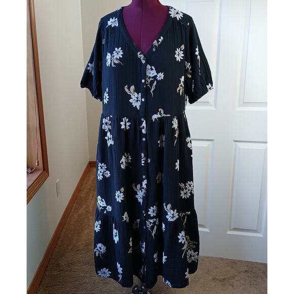 Sonoma Button Thru Femme Midi Dress 1X repaired black tan floral cotton - Picture 5 of 15